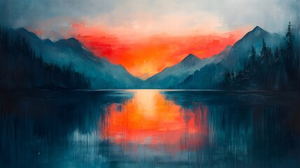 "Vibrant Twilight Lake Landscape Painting"