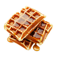 Golden waffles stacked with sweet syrup dripping, isolated on white transparent background. Concept of breakfast treat