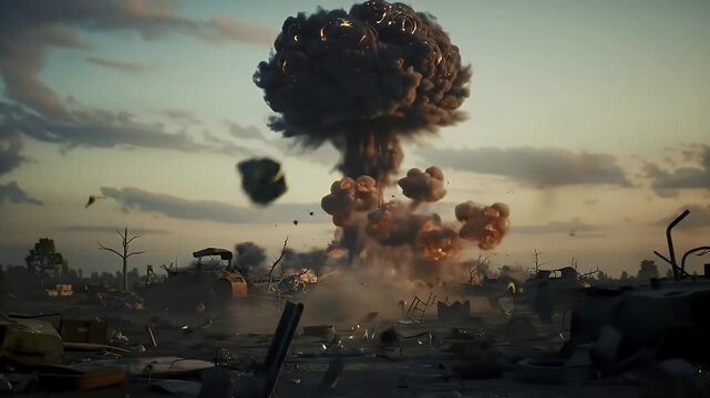 Mushroom Cloud From Atomic Bomb With Burning Debris Scattering Across Wasteland
