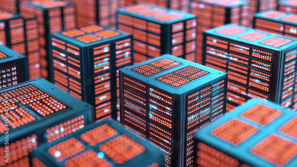 Poster Complex array of data storage cubes illuminated in blue and orange hues for advanced analysis tasks, Array of cubes Data storage and analysis visualization Seamless
