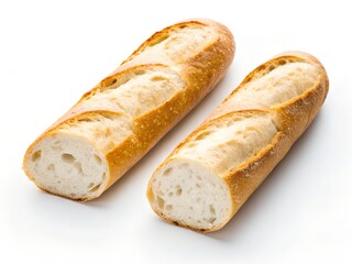 Naklejka premium Sliced Baguette Halves Displaying Airy Interior Texture and Golden Crust Detail on white background
