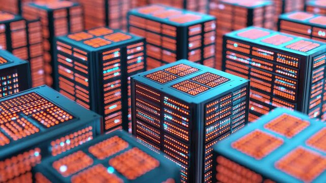 Complex array of data storage cubes illuminated in blue and orange hues for advanced analysis tasks, Array of cubes Data storage and analysis visualization Seamless