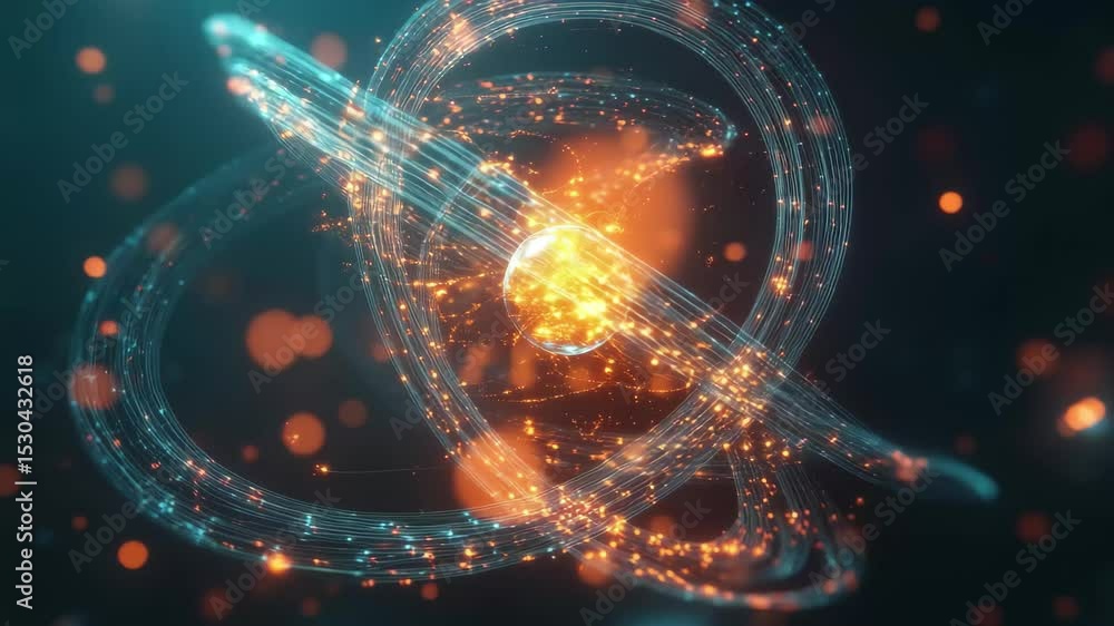 Poster glowing atomic structure with swirling particles representing scientific phenomena and energy, glowi