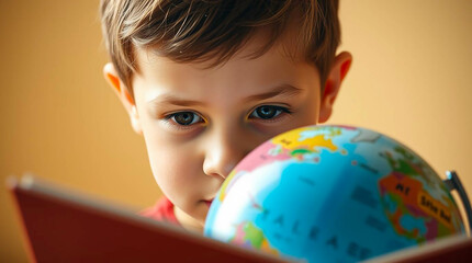 Ai generated image of a young boys curious gaze over a vibrant globe and open book, lost in the world of geography