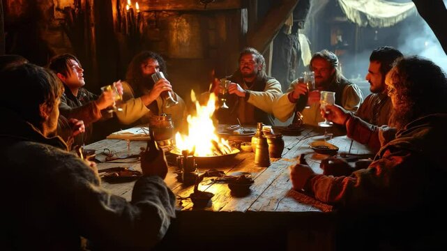 Medieval tavern filled with adventurers sharing stories and enjoying drinks by the fire, Medieval tavern with adventurers drinking and talking by the warm fire