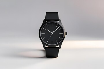 A matte black wristwatch shown from the front view, placed on a seamless white background, soft diffused lighting highlighting the watch’s shape and texture.