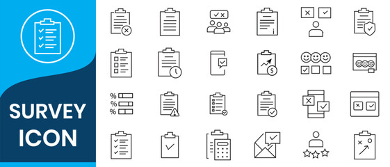 Survey icon set. Containing feedback, opinion, questionnaire, poll, research, data collection, review and satisfaction icons. Line icon collection. Vector illustration.