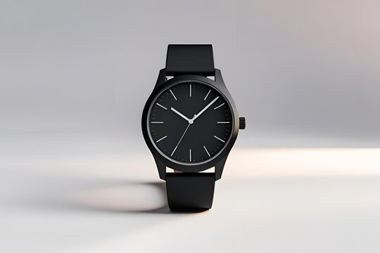 A matte black wristwatch shown from the front view, placed on a seamless white background, soft diffused lighting highlighting the watch’s shape and texture. - Powered by Adobe
