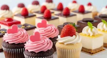 Gourmet assortment of sweet treats, featuring strawberry-topped cupcakes and raspberry pastries.
