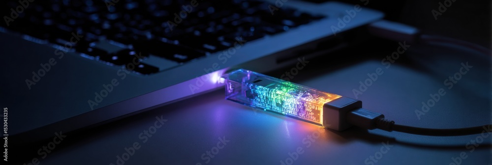 Aufkleber phishing malware usb drive sits glowing on desktop next to laptop with open port and dark background