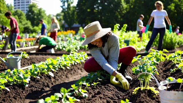 Community garden enthusiasts cultivating vegetables and enjoying outdoor urban farming