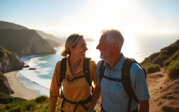 Happy senior couple on a mountainous hike by the Pacific coast enjoying nature and active retirement. High quality