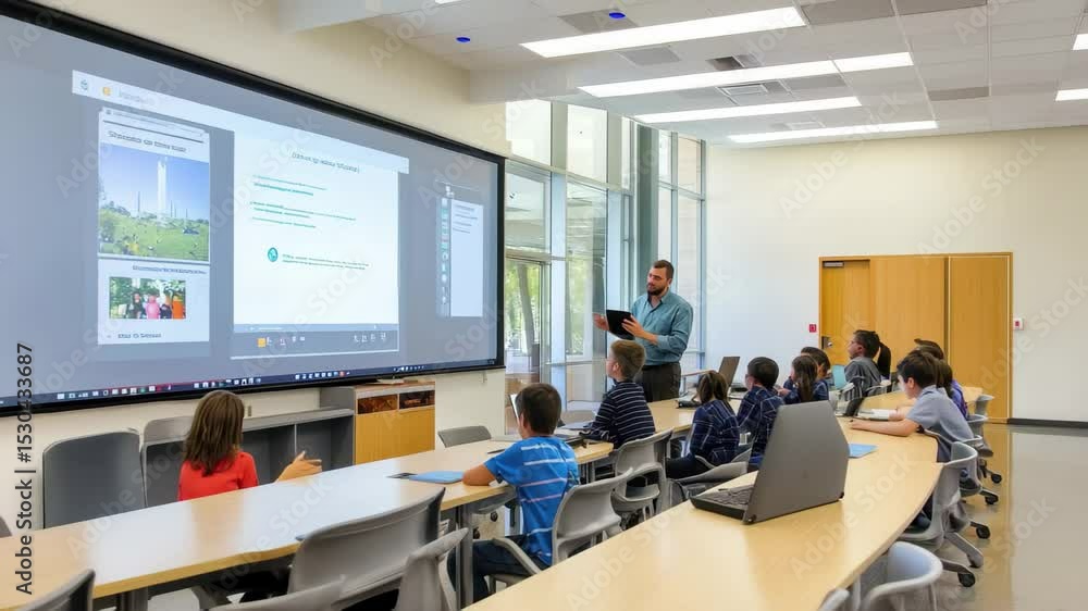 Poster modern classroom environment with teacher and students engaged in interactive learning, modern class