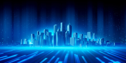 Digital Cityscape with Glowing Blue Light