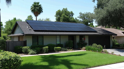 A single-story house with solar panels on its roof sits in neatly landscaped yard. home has a dark-colored garage door and is surrounded by lush greenery. The sunny day enhances the overall appeal