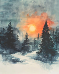 Sunset over a tranquil winter forest adorned with silhouette trees in vibrant watercolor hues. Generative AI
