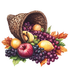 Cornucopia Spilling Fruits, watercolor vector, isolated on a white background.