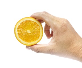 Right hand holding a fresh orange cut in half on a white background.