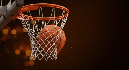 Fototapeta premium Basketball swishing through net on dark background