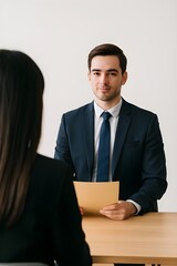 Young business man worker or job seeker sitting in job interview. Business interview or teamwork concept