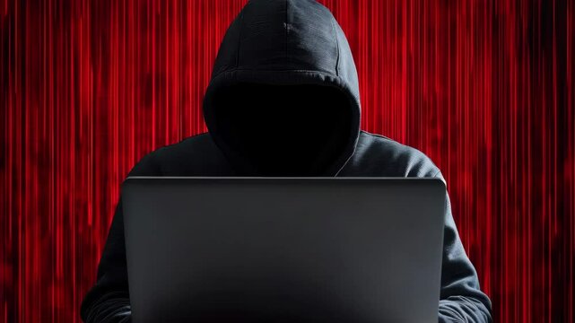 Hacker engaged in coding while cloaked in darkness with a laptop during nighttime activity, Obfuscated Identity: hacker in front of laptop ing video background