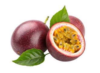 Passion fruit photography: fresh passionfruit with seeds and leaves on a black background closeup view