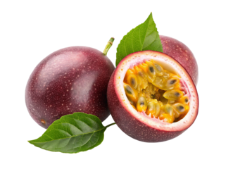 Passion fruit photography: fresh passionfruit with seeds and leaves on a black background closeup view