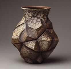 a vase with brown ceramic textures in irregular geometric shape