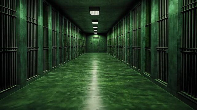 Eerie Green Prison Corridor: A Dark and Gloomy Penitentiary Hallway