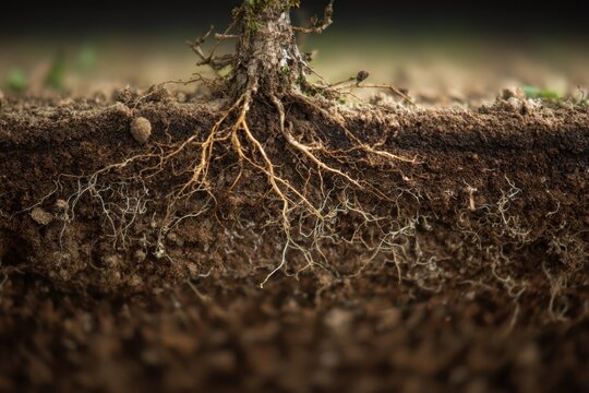Detailed Close-up of Plant Roots in Soil: Rhizosphere Biology and Root System Microscopic View. High-Resolution Gigapixel Image Showing Intricate Root Network and Soil Structure for Scientific, Educat