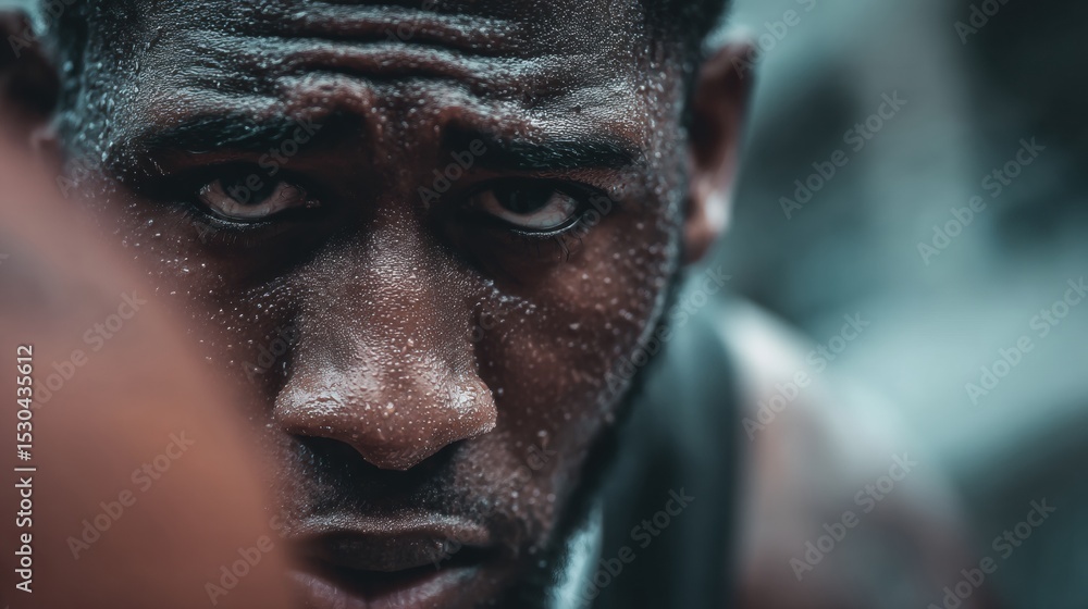 Poster focused basketball player preparing to shoot with intense determination and sweat visible in a compe