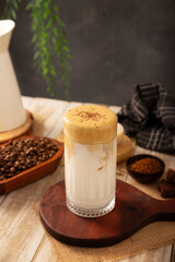 Dalgona Coffee, a cold, sweetened beverage made with milk and frothy coffee cream made with instant coffee, a trendy, refreshing, and easy recipe.
