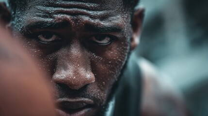 Focused Basketball Player Preparing to Shoot With Intense Determination and Sweat Visible in a Competitive Moment