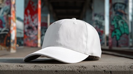 mockup of a white baseball cap with a graffiti wall in the background