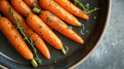 Honey-glazed baby carrots, glistening, seasoned with pepper and fresh thyme sprigs, arranged on a dark plate, shallow depth of field