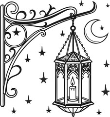 Vintage Gothic Lantern with Crescent Moon Hooks – Detailed Ink Drawing in Tattoo Style