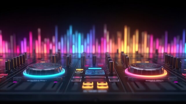 Close-up of a dj mixer with vibrant neon lighting.