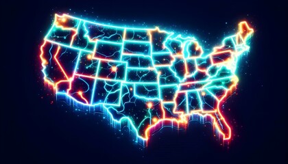 stylized USA map with glowing borders in neon colors, high detail, designed for microstock, no people, no animals, perfect lighting, visually balanced composition