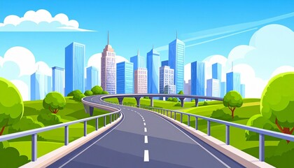 Fototapeta premium Curve bridge road lead to city with skyscrapers. Cartoon vector illustration of town landscape with multistorey buildings, highway and green trees on sunny summer day. Speed freeway 