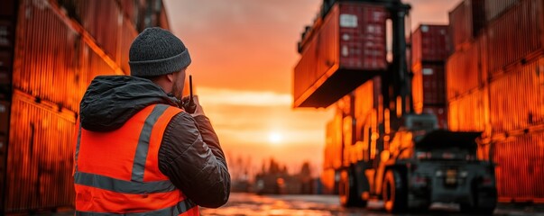 Obraz premium Foreman uses a walkie-talkie to coordinate container loading in the container yard, ensuring safety and efficiency in the operation