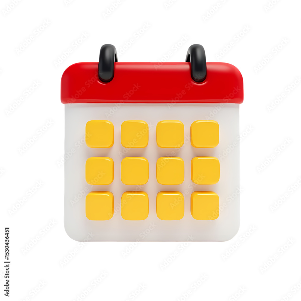 Poster a cartoon calendar with red top and yellow dates on a white base isolated on transparent background