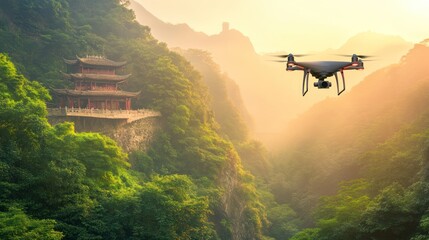 Fototapeta premium Drone over ancient temple nestled in a misty mountain valley at sunrise