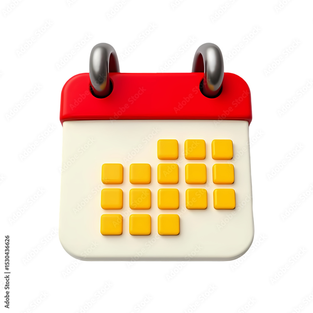 Poster a stylized calendar with red top and yellow dates on a white page isolated on transparent background