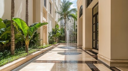 Fototapeta premium A sunlit courtyard with a water feature. Lush tropical plants and light beige architecture