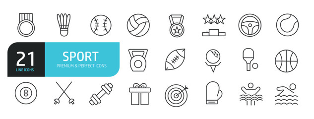 Set of line icons related to sport, ball, exercise. Outline icons collection. Editable stroke. Vector illustration