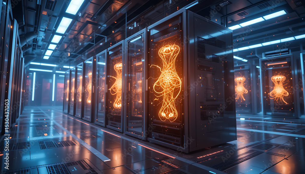 Aufkleber futuristic server room with glowing neural network data