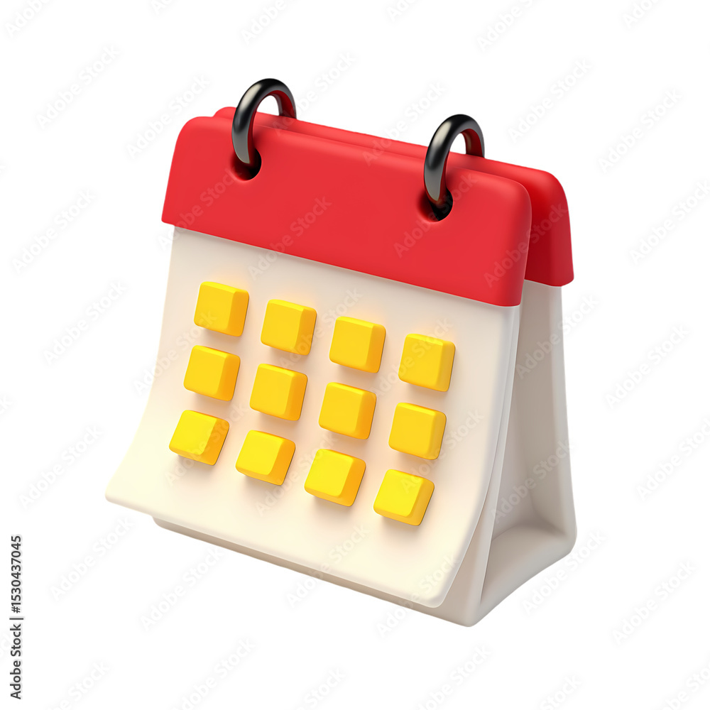 Poster a stylized calendar with red top and yellow dates on white pages isolated on transparent background
