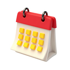 A stylized calendar with red top and yellow dates on white pages isolated on transparent background