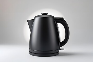 A matte black electric kettle shown from the front view, placed on a seamless white background, soft diffused lighting highlighting the kettle’s shape and texture.