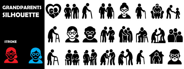 Loving Grandparents Silhouette Vector Set - Elderly Couple with Children, Family Bonding and Life Moments